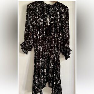 Zara Black Asymmetrical Dress with Floral Design With Elastic Waist & Tassels